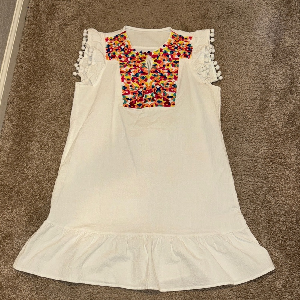 White Embroidered Pom-Pom Dress - Multicolor Accent